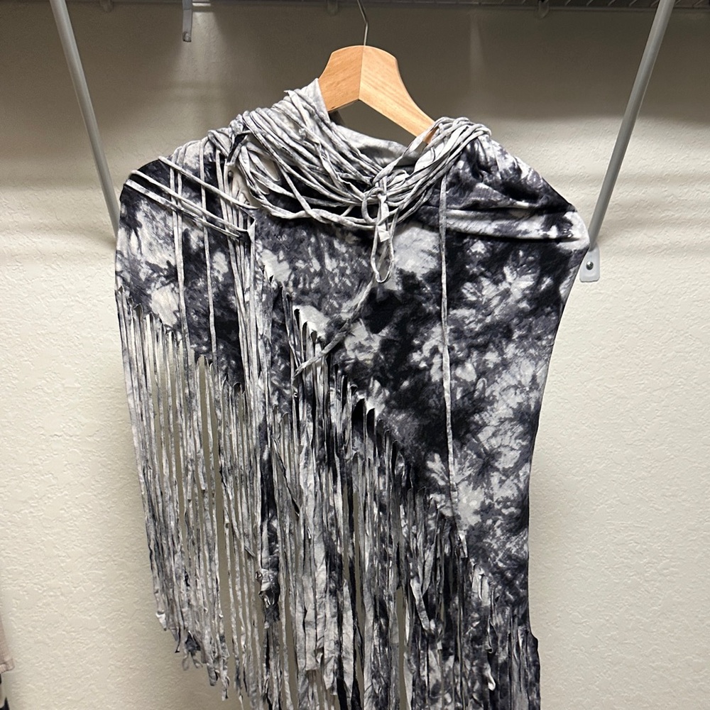 Michael Kors Black and White Tie-Dye Fringe Shawl